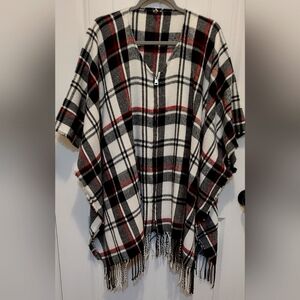 Plaid Front Zip Poncho with Fringe
